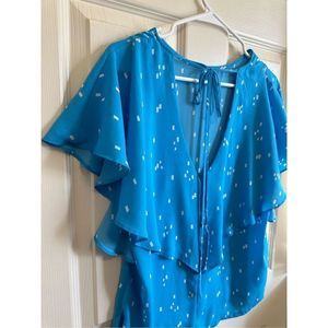 Ann Taylor LOFT Womens Flutter Ruffled Sleeve Blouse Crew Neck Blue White Small